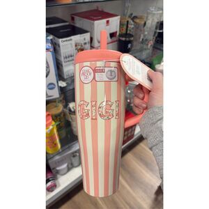 Wellness Coral Orange Pink Stripe Gigi Floral Travel Straw Tumbler Handle NWT